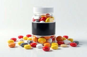 Colorful assortment of pills in a clear bottle reveals various shapes and sizes on a white background