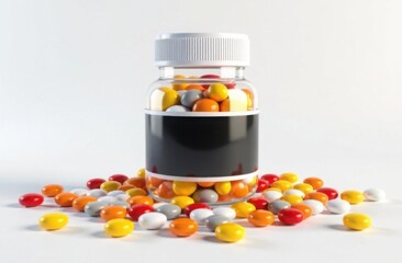 Colorful assortment of medicinal pills in a clear bottle on a white background. 
