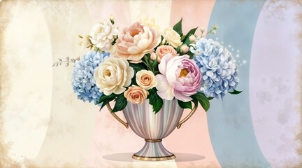 Obraz premium retro aesthetic flower vase with lush peonies and hydrangeas in soft lighting for use in nostalgic decorative prints, magazine layouts, and botanical art collections