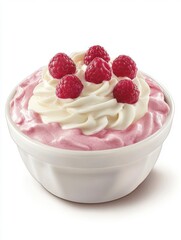 Raspberry mousse with tangy raspberries, whipped cream, and a smooth texture, presented in a white bowl, creamy and refreshing Hyper-quality professionnal photography, ultra detailed, high resolution