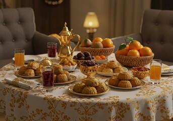 Ramadan kareem iftar time foods with family dates fry foods cake