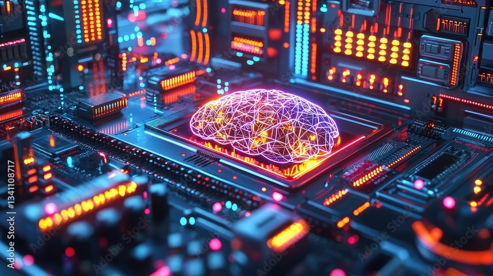 Aufkleber Artificial intelligence database in cyberspace circuit concept. A digital brain illuminated in a vibrant circuit board.