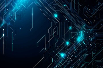 Abstract close-up of a glowing blue digital circuit board, showcasing intricate connections and technological design on a black background.
