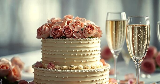 Two-tiered wedding cake decorated with pink roses and petals champagne flutes on a table with soft lighting creating a celebratory atmosphere