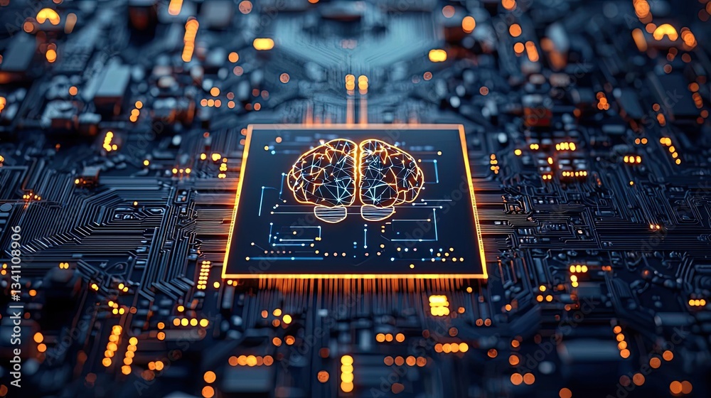 Poster Artificial intelligence data circuit in cyberspace computing concept. Close-up view of a glowing circuit board with brain illustration.