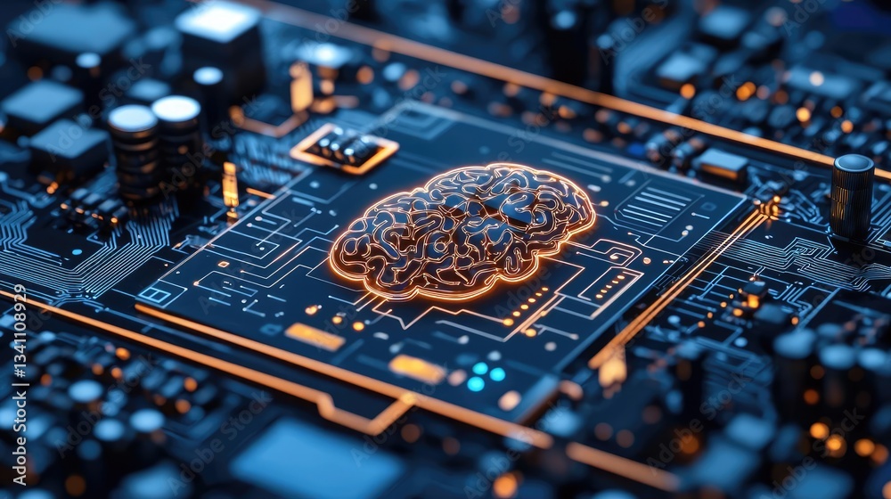 Poster Artificial intelligence data circuit in cyberspace computing concept. A close-up view of a circuit board featuring a brain design.
