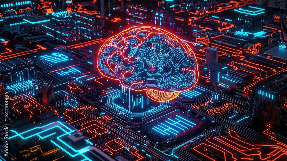 Poster Artificial intelligence data circuit in cyberspace computing concept. Futuristic brain design over a digital city landscape.