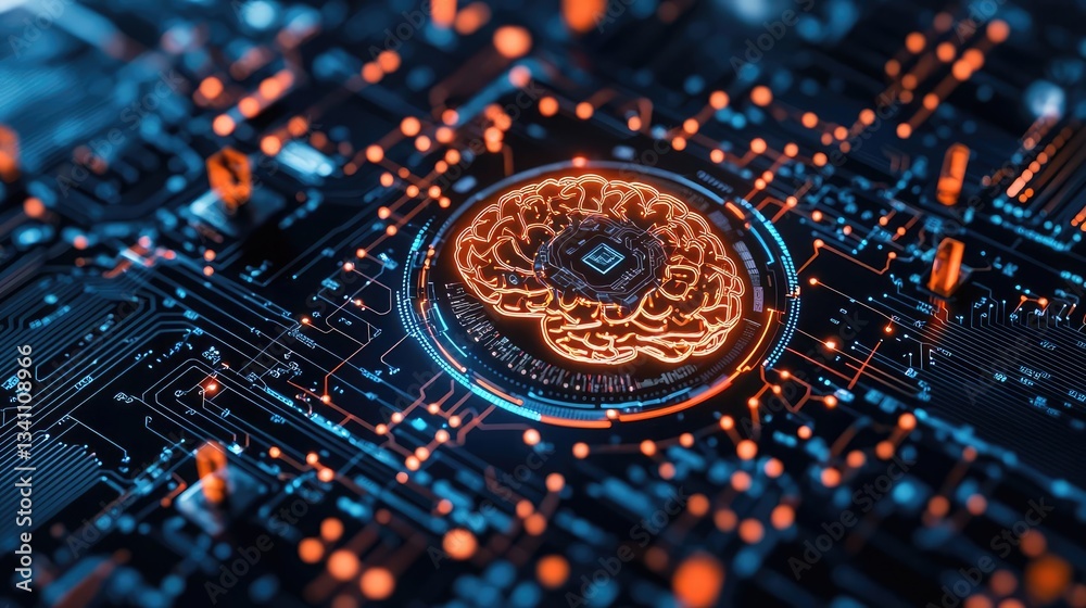 Poster Artificial intelligence data circuit in cyberspace computing concept. Abstract representation of a brain on a circuit board.