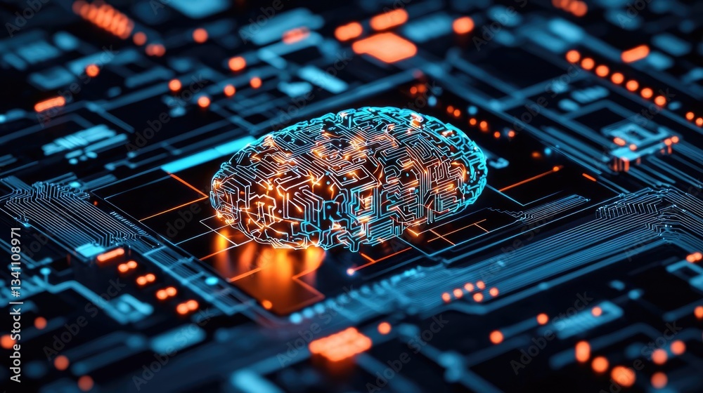 Leinwandbilder Artificial intelligence data circuit in cyberspace computing concept. A glowing digital brain model on a circuit board background.
