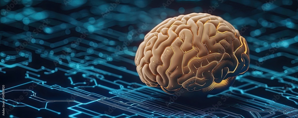 Poster Artificial intelligence database in cyberspace circuit concept. Futuristic brain on a digital circuit background.