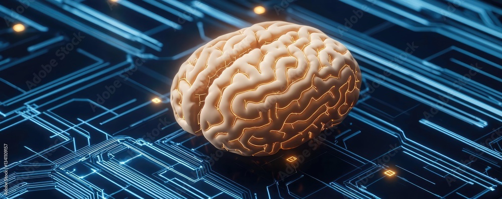 Poster Artificial intelligence database in cyberspace circuit concept. A digital brain concept on a modern circuit board background.