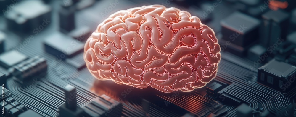 Poster Artificial intelligence database and future computing concept. A creative representation of a brain on a circuit board.