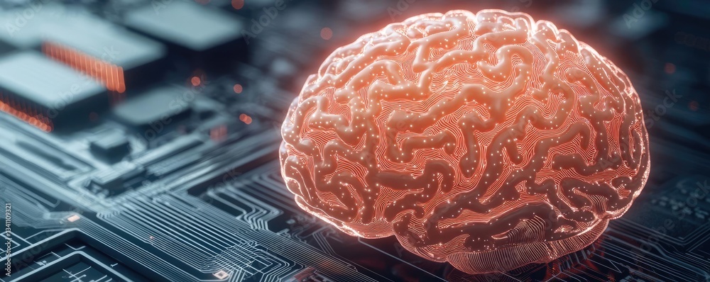Aufkleber Artificial intelligence database and future computing concept. Futuristic brain design on circuit board technology background.