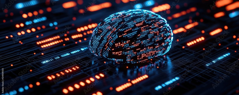 Poster Artificial intelligence database and future computing concept. Futuristic digital brain with glowing lines and data streams.