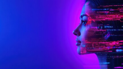 Digital woman profile, glowing code