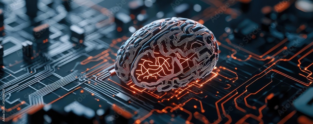 Poster Artificial intelligence database in cyberspace circuit concept. Futuristic brain on a circuit board background, symbolizing AI.