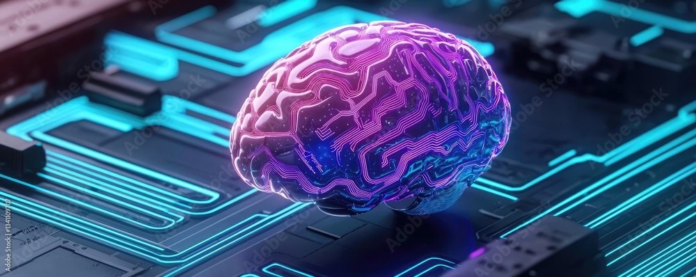 Poster Artificial intelligence database in cyberspace circuit concept. A digitally enhanced brain on a futuristic circuit board.