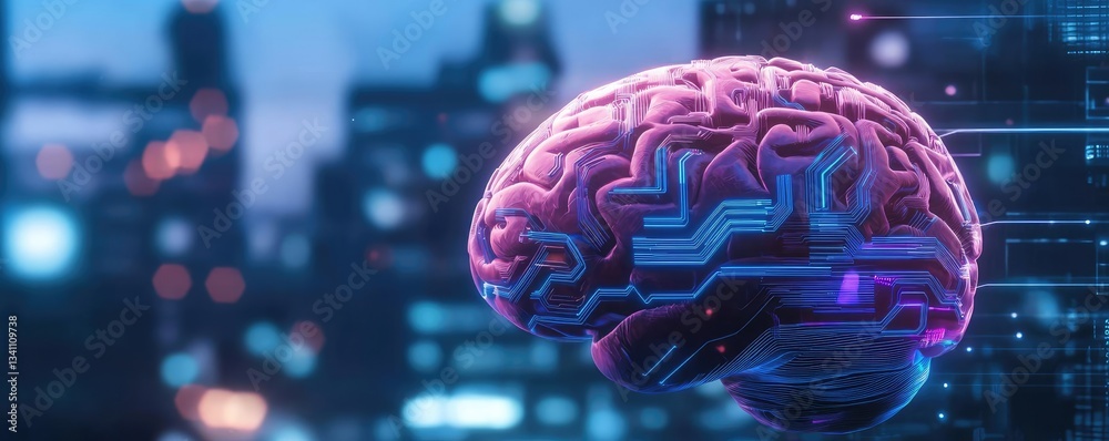 Poster Artificial intelligence database in cyberspace circuit concept. A futuristic digital brain concept in a neon cityscape.