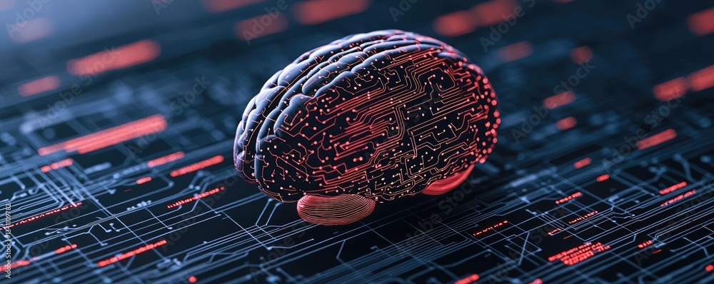 Poster Artificial intelligence database and future computing concept. Futuristic brain design integrated with technology elements.