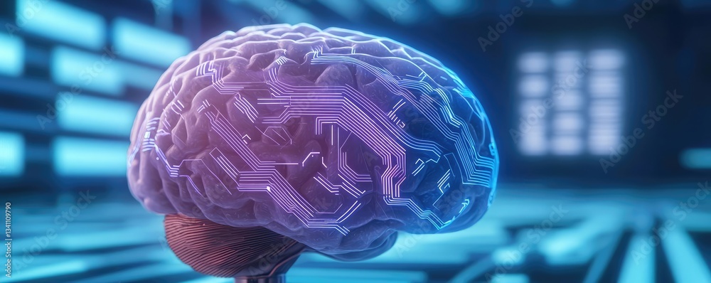 Poster Artificial intelligence database in cyberspace circuit concept. Futuristic brain design with circuits and glowing elements.