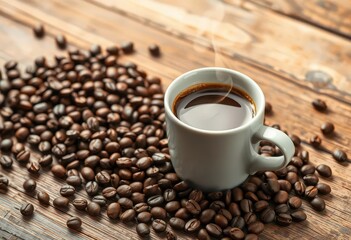 Fototapeta premium A steaming cup of coffee beside scattered coffee beans on rustic wood, morning, table