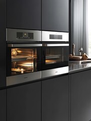 Fototapeta premium Modern built in ovens in a contemporary black kitchen setting