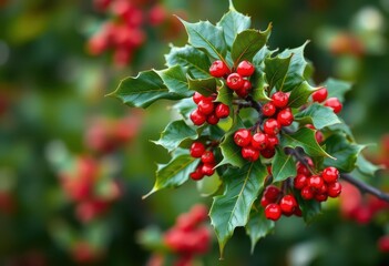 Obraz premium A vibrant holly branch laden with glistening red berries against a blurred green background, background, festive