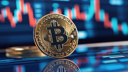 Gold Bitcoin coin on a reflective surface, in front of financial charts