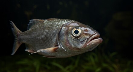 Close Up Of A Gray Fish Underwater In A Dark Aquatic Environment