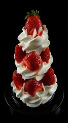 Strawberry mousse with fresh strawberries, whipped cream, and a fluffy texture, served in a black dish, sweet and fruity Hyper-quality professionnal photography, ultra detailed, high resolution