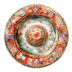 A Watercolor Coin with red ribbon on traditional plate Front View. Traditional Persian New Year Hyacinth, isolated on a white background. Nowruz vector design set