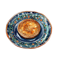 My Watercolor Coin with red ribbon on traditional plate Front View. Traditional Persian New Year Hyacinth, isolated on a white background. Nowruz vector design set