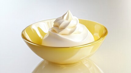 White chocolate mousse with smooth white chocolate, whipped cream, and a light texture, presented in a yellow bowl, creamy and indulgent Hyper-quality professionnal photography, ultra detailed
