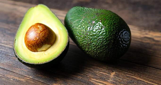 Close-up of two halved avocados with brown pits and green flesh arranged on a rustic wooden table