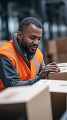 A worker in a warehouse is wearing an orange hi-vis vest.
