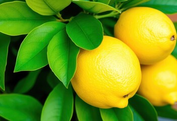 Three ripe lemons with vibrant green leaves, freshly picked,  healthy eating, vitamin c