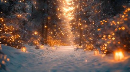 Enchanting winter forest with glowing lanterns