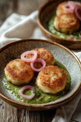 Home made cutlets in green herb sauce. Protein food for lunch