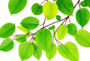 Naklejka premium Vibrant green leaves, various shapes and sizes, crisp detail against pure white background, macro, illustration