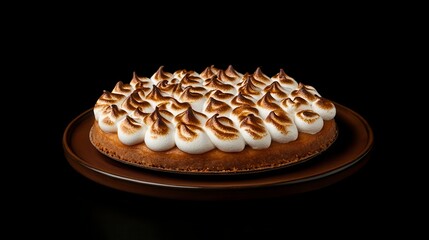 Orange Meringue Pie with tangy orange filling and fluffy meringue topping, presented on a cozy brown plate, citrusy and airy Hyper-quality professionnal photography