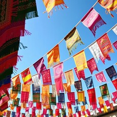 Vibrant textile banners, intricate weavings, festive flags strung together , background, craft, textile