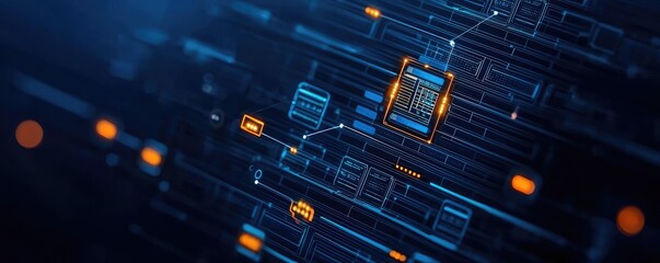 Obraz premium Cloud technology in data transfer and computing storage concept. Futuristic circuit board illustration showcasing digital connections and data flow.