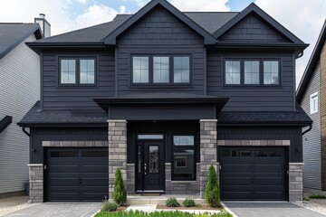 Fototapeta premium Elegant luxury home facade featuring a spacious garage and impressive driveway design