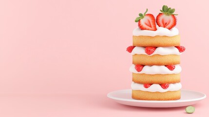 Soft Strawberry Sponge Cake layered with strawberry cream, captured on a light pink textured background, fresh and summery Hyper-quality professionnal photography