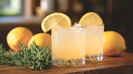 Freshly served lemon drinks in two glasses surrounded by fresh lemons and herbs for a healthy drink concept