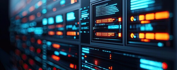 Obraz premium Cloud technology data backup and server storage concept. Close-up view of a modern data center with illuminated server panels and screens.