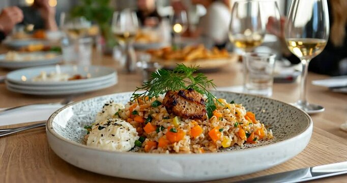 Delicious plate of food with rice and vegetables in a restaurant. People are having fun during lunch time