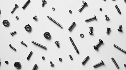 Scattered metallic fasteners on white.