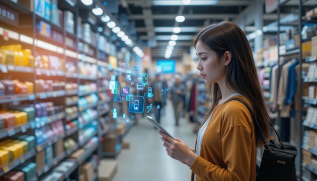 Tech-driven shopping experience modern retail store digital interaction urban environment side view innovation and convenience