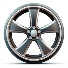 Obraz premium Sleek Modern Car Wheel Design with Five-Spoke Alloy Offsetting Dark Rubber Tire Shining Finish for Automotive Enthusiasts